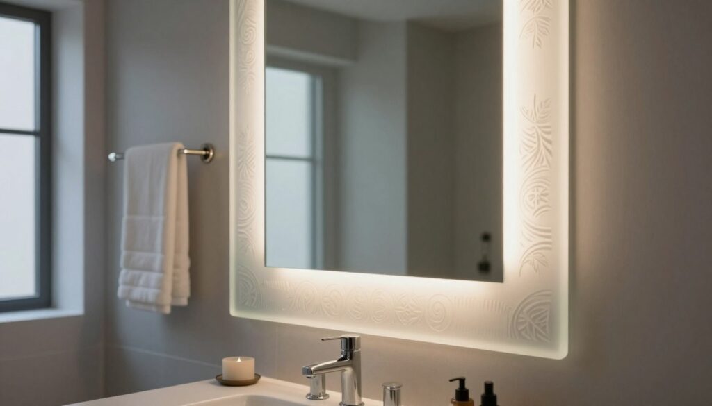 A beautifully designed sandblasted mirror displayed prominently in a stylish bathroom. In the foreground, the mirror has intricate etchings, reflecting soft, ambient light that creates a warm and inviting atmosphere. In the middle ground, elegant bathroom fixtures like a modern sink and elegant towel racks complement the mirror. The background reveals a soothing color palette with subtle tones of gray and blue, enhancing the serene vibe of the space. Soft natural light streams in from a window, casting gentle shadows. The overall mood is tranquil and sophisticated, perfect for showcasing the decorative effect of a sandblasted mirror in various interior settings. A beautifully designed sandblasted mirror displayed prominently in a stylish bathroom. In the foreground, the mirror has intricate etchings, reflecting soft, ambient light that creates a warm and inviting atmosphere. In the middle ground, elegant bathroom fixtures like a modern sink and elegant towel racks complement the mirror. The background reveals a soothing color palette with subtle tones of gray and blue, enhancing the serene vibe of the space. Soft natural light streams in from a window, casting gentle shadows. The overall mood is tranquil and sophisticated, perfect for showcasing the decorative effect of a sandblasted mirror in various interior settings.