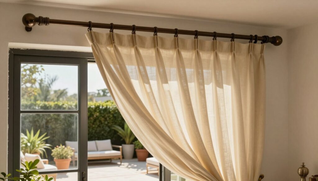 A beautifully designed terrace showcasing a classic curtain rod (karnisz) mounted above large glass doors. The foreground highlights the intricate detail of the karnisz, crafted from elegant materials, with a polished finish and decorative end caps. In the middle, soft, flowing curtains drape gracefully from the rod, gently billowing in a light breeze, showcasing a rich fabric texture. The background features a sunny outdoor space, with potted plants and comfortable furniture, creating a serene and inviting atmosphere. Warm, natural lighting enhances the scene, casting soft shadows and illuminating the curtains, evoking a sense of stability and elegance. The composition is captured from a slightly elevated angle, providing a comprehensive view of the terrace's aesthetic appeal. A beautifully designed terrace showcasing a classic curtain rod (karnisz) mounted above large glass doors. The foreground highlights the intricate detail of the karnisz, crafted from elegant materials, with a polished finish and decorative end caps. In the middle, soft, flowing curtains drape gracefully from the rod, gently billowing in a light breeze, showcasing a rich fabric texture. The background features a sunny outdoor space, with potted plants and comfortable furniture, creating a serene and inviting atmosphere. Warm, natural lighting enhances the scene, casting soft shadows and illuminating the curtains, evoking a sense of stability and elegance. The composition is captured from a slightly elevated angle, providing a comprehensive view of the terrace's aesthetic appeal.