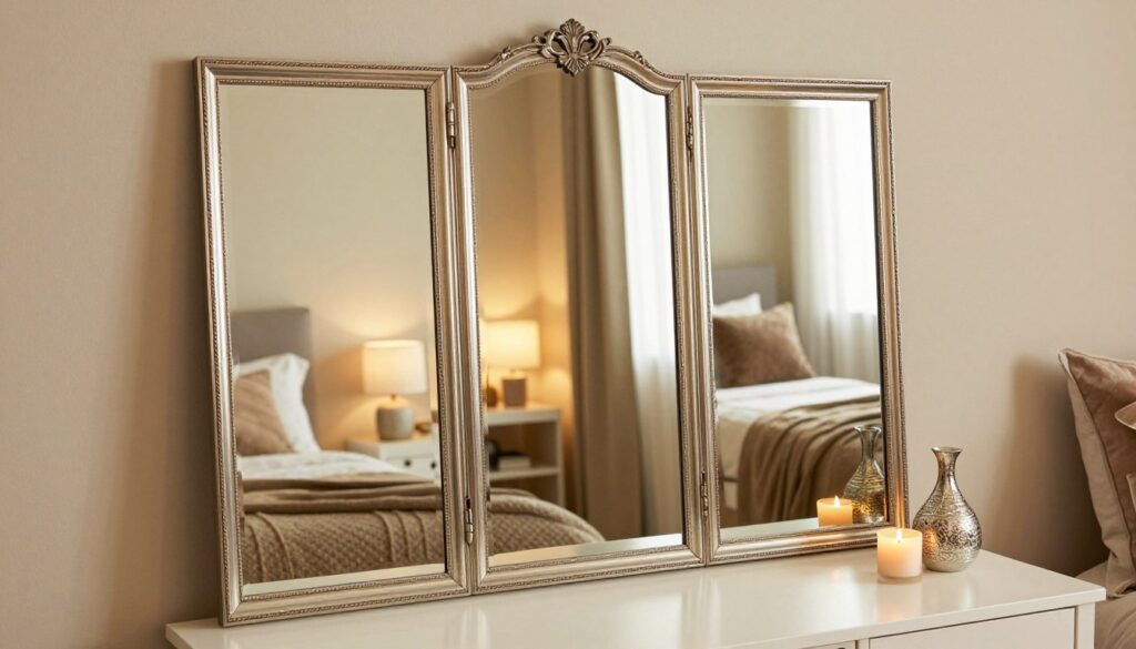 A beautifully designed three-part mirror, elegantly placed against a softly lit wall, reflecting stylish decor elements of a cozy bedroom. The foreground features the mirror with intricate detailing and a polished finish, showcasing its elegant frame. The middle ground reveals a well-arranged vanity with tasteful accessories like a decorative vase and a scented candle. In the background, a warm, inviting ambiance is created with soft, ambient lighting and plush textiles, such as a bed with neatly arranged cushions and a softly draped throw. The scene is captured from a slightly elevated angle, enhancing the mirror's reflection to showcase depth. The overall mood is serene and stylish, emphasizing functionality and aesthetics in home decor.
