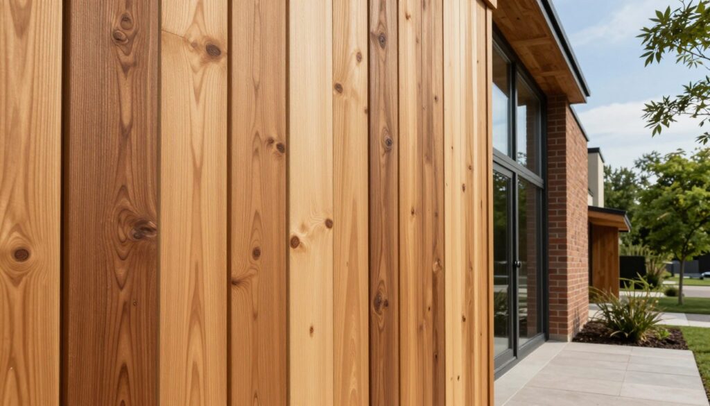 A beautifully designed wooden facade specifically selected for durability, showcasing warm, natural wood tones reflecting sunlight. The foreground features a close-up of diverse wood textures, such as cedar and oak, with visible grain patterns. In the middle ground, a modern building structure combines elegant brick and wood elements, with large windows enhancing the contemporary feel. The background captures a serene suburban landscape, incorporating lush green trees and a clear blue sky. Soft, diffused lighting emphasizes the warmth of the wood, creating a welcoming and inviting atmosphere. The image is shot from a slightly elevated angle to provide depth, showcasing the harmonious blend of materials in modern architecture.