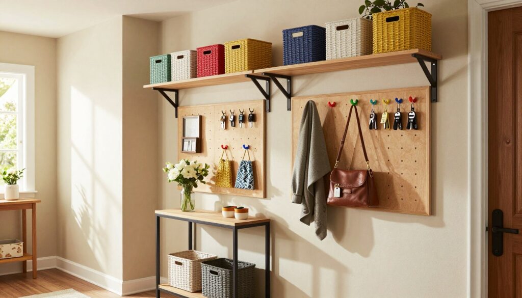 A beautifully organized hallway featuring a home organization center on the wall. In the foreground, there are stylish wall-mounted shelves filled with colorful storage baskets and decorative items. The middle layer showcases an elegant combination of bulletin boards and pegboards adorned with colorful hooks, holding items like coats, bags, and keys. A small, chic console table sits below, topped with a vase of fresh flowers. The background reveals a well-lit entryway with subtle natural light streaming in through a nearby window, casting soft shadows. The atmosphere is warm and welcoming, with a modern yet cozy design aesthetic. The image should capture the essence of practical and decorative elements in home organization, highlighting functionality and style.