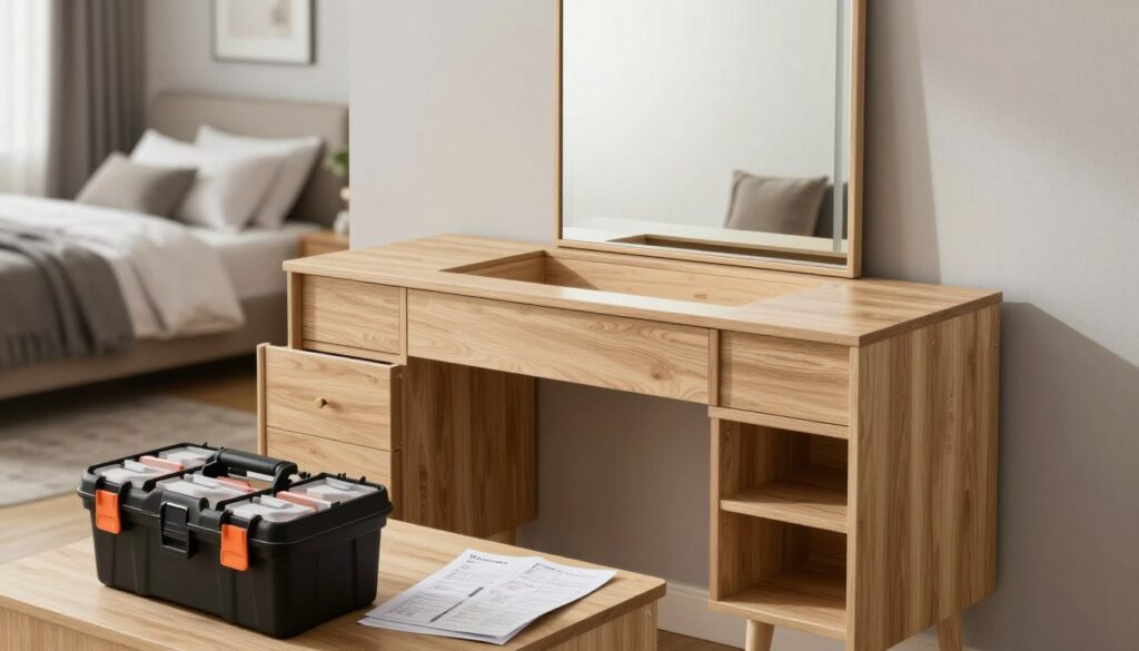 A beautifully organized scene of assembling a stylish vanity with a mirror, set in a modern bedroom. In the foreground, a neatly arranged toolbox and assembly instructions lay beside the partially assembled vanity. The middle ground features a light oak vanity with elegant, minimalist lines, reflecting the artisan oak finish. A large, well-lit mirror rests against the wall, casting soft reflections. The background includes a tastefully decorated bedroom, with soft, neutral tones and contemporary furnishings that enhance the modern aesthetic. Natural light filters through a window, creating a warm ambiance. Highlight the attention to detail in the vanity's craftsmanship and the organized layout of the assembly process, evoking a sense of home improvement and style.