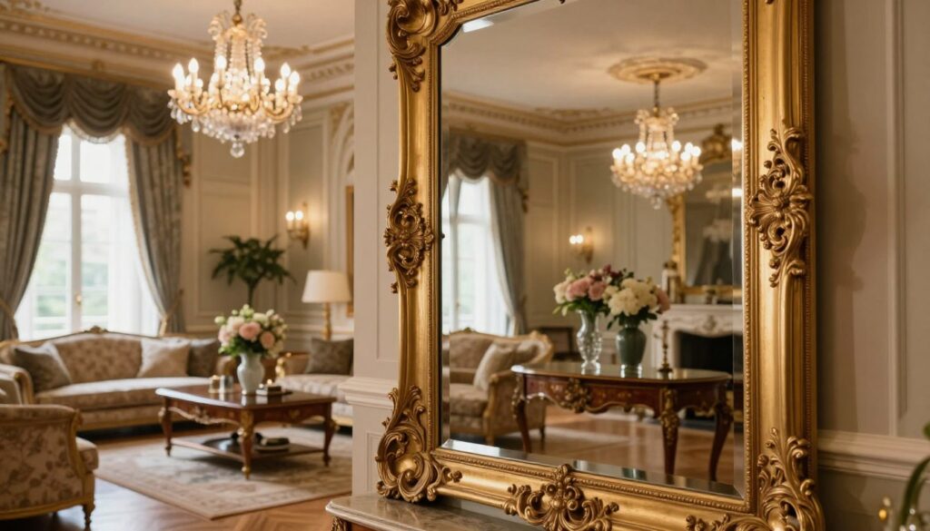 A beautifully ornate palace mirror, featuring an intricately carved gold frame, reflecting elegant surroundings. In the foreground, the mirror stands against a backdrop of a luxurious living room with high ceilings and plush furnishings. The room is illuminated by warm, ambient light coming from an elegant chandelier above. To the left, a large window allows soft natural light to filter in, enhancing the mirror’s reflective quality. In the middle ground, a sophisticated arrangement of tasteful decor complements the mirror, including a polished mahogany console table and stylish vases with fresh flowers. The overall mood is one of opulence and refined elegance, showcasing how the mirror accentuates the style and character of the interior space, inviting warmth and luxury. A beautifully ornate palace mirror, featuring an intricately carved gold frame, reflecting elegant surroundings. In the foreground, the mirror stands against a backdrop of a luxurious living room with high ceilings and plush furnishings. The room is illuminated by warm, ambient light coming from an elegant chandelier above. To the left, a large window allows soft natural light to filter in, enhancing the mirror’s reflective quality. In the middle ground, a sophisticated arrangement of tasteful decor complements the mirror, including a polished mahogany console table and stylish vases with fresh flowers. The overall mood is one of opulence and refined elegance, showcasing how the mirror accentuates the style and character of the interior space, inviting warmth and luxury.