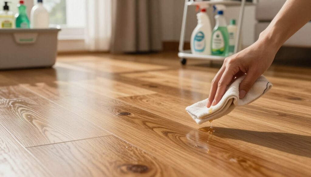 A beautifully polished oil-finished wooden floor, showcasing warm, rich tones of oak with a glossy sheen reflecting soft ambient light. In the foreground, a drop of cleaning solution is poured from a gentle hand, holding a cloth, emphasizing careful maintenance. The middle section features a subtle glimpse of a well-organized cleaning caddy with eco-friendly products, enhancing the scene of proper care. In the background, a cozy room with soft natural lighting coming through a large window creates an inviting atmosphere. Delicate shadows dance across the floor, capturing the elegance of the oil finish, while the overall mood emanates warmth and tranquility, illustrating the beauty of maintaining polished wood floors.