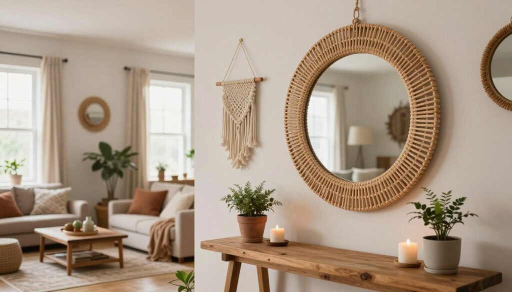 A beautifully styled boho-inspired living room featuring a variety of mirrors on the wall. In the foreground, a round, intricately designed woven mirror hangs above a rustic wooden console table adorned with potted plants and candles. The middle layer showcases a spacious room with hanging macramé decorations, soft, earthy-toned textiles, and cozy seating areas. In the background, large windows let in warm, natural light, creating a bright and inviting atmosphere. Use soft focus to emphasize the mirror's reflection capturing the room's aesthetic, while maintaining sharp details on the mirror's design. The overall mood is warm, inviting, and harmonious, perfect for illustrating home décor choices in a bohemian style. A beautifully styled boho-inspired living room featuring a variety of mirrors on the wall. In the foreground, a round, intricately designed woven mirror hangs above a rustic wooden console table adorned with potted plants and candles. The middle layer showcases a spacious room with hanging macramé decorations, soft, earthy-toned textiles, and cozy seating areas. In the background, large windows let in warm, natural light, creating a bright and inviting atmosphere. Use soft focus to emphasize the mirror's reflection capturing the room's aesthetic, while maintaining sharp details on the mirror's design. The overall mood is warm, inviting, and harmonious, perfect for illustrating home décor choices in a bohemian style.