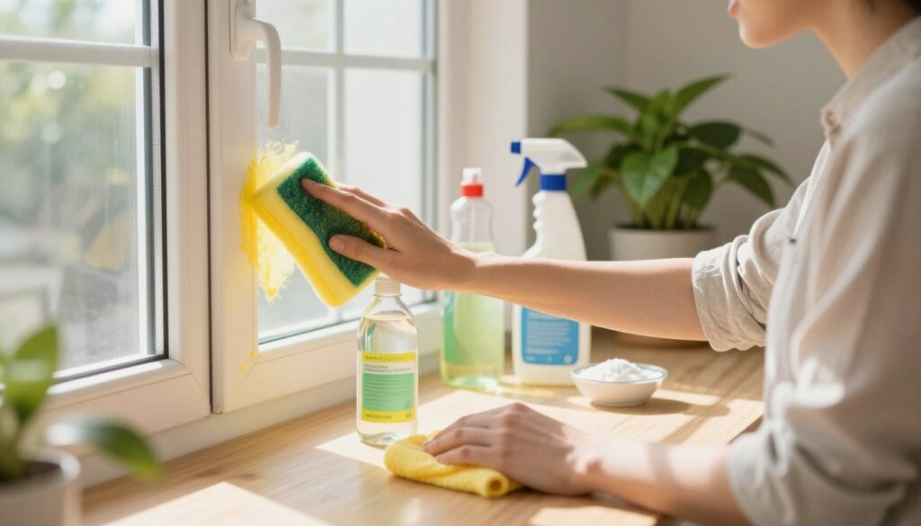 A bright and clean kitchen setting with sunlight streaming through a window, highlighting the contrast of yellow stains on a white plastic window frame. In the foreground, a person in casual clothing is gently scrubbing the window with a sponge and a homemade cleaning solution. In the middle ground, several natural cleaning supplies are artistically arranged on a wooden countertop, such as vinegar, baking soda, and a spray bottle. The background features a vibrant indoor plant and a cheerful atmosphere, suggesting a fresh and inviting home environment. The overall lighting is warm and inviting, enhancing the cleanliness and effectiveness of domestic methods. Capture a sense of hopeful determination as the person tackles the yellow stains head-on. A bright and clean kitchen setting with sunlight streaming through a window, highlighting the contrast of yellow stains on a white plastic window frame. In the foreground, a person in casual clothing is gently scrubbing the window with a sponge and a homemade cleaning solution. In the middle ground, several natural cleaning supplies are artistically arranged on a wooden countertop, such as vinegar, baking soda, and a spray bottle. The background features a vibrant indoor plant and a cheerful atmosphere, suggesting a fresh and inviting home environment. The overall lighting is warm and inviting, enhancing the cleanliness and effectiveness of domestic methods. Capture a sense of hopeful determination as the person tackles the yellow stains head-on.