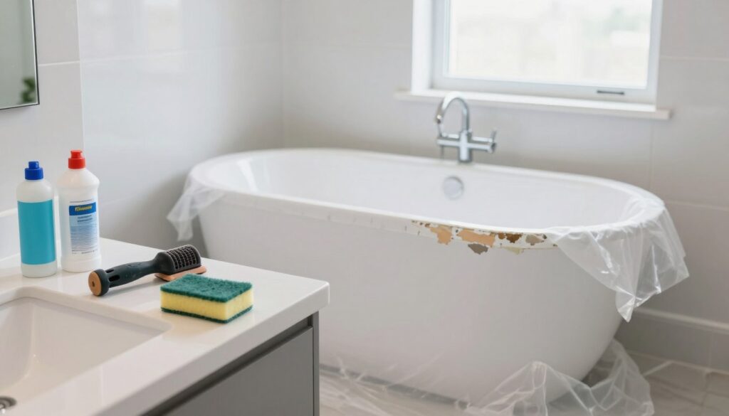 A bright, well-lit bathroom scene focused on the preparation of an acrylic bathtub for renovation. In the foreground, a clean, spacious bathroom counter with essential tools: a sander, cleaning supplies, and a sponge. A partially removed layer of old finish on the edge of the tub indicates the initial steps of renovation. The middle ground features a white, modern acrylic bathtub surrounded by protective drop cloths and a plastic sheeting to contain dust, showcasing careful preparation. In the background, a window allows natural light to flood in, enhancing the fresh, tidy atmosphere. The overall mood is one of professionalism and diligence, emphasizing an organized approach to home improvement in a spotless environment.