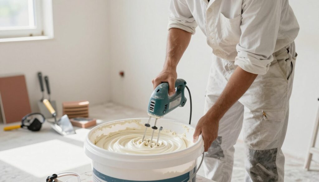 A bright, well-lit construction workspace featuring a skilled professional mixing joint compound in a large bucket. In the foreground, the individual, dressed in a clean, modest work shirt and sturdy pants, is focused intently on mixing the smooth, creamy texture of the compound with an electric mixer. The middle ground showcases neatly organized tools and materials: trowels, sanding blocks, and protective gear like goggles and masks. In the background, a freshly primed wall stands ready for application, illuminated by natural light streaming in through a nearby window. The atmosphere is industrious and efficient, evoking a sense of preparation and craftsmanship in this process of wall finishing. The angle captures both the details of the mixing process and the overall setup of the workspace. A bright, well-lit construction workspace featuring a skilled professional mixing joint compound in a large bucket. In the foreground, the individual, dressed in a clean, modest work shirt and sturdy pants, is focused intently on mixing the smooth, creamy texture of the compound with an electric mixer. The middle ground showcases neatly organized tools and materials: trowels, sanding blocks, and protective gear like goggles and masks. In the background, a freshly primed wall stands ready for application, illuminated by natural light streaming in through a nearby window. The atmosphere is industrious and efficient, evoking a sense of preparation and craftsmanship in this process of wall finishing. The angle captures both the details of the mixing process and the overall setup of the workspace.