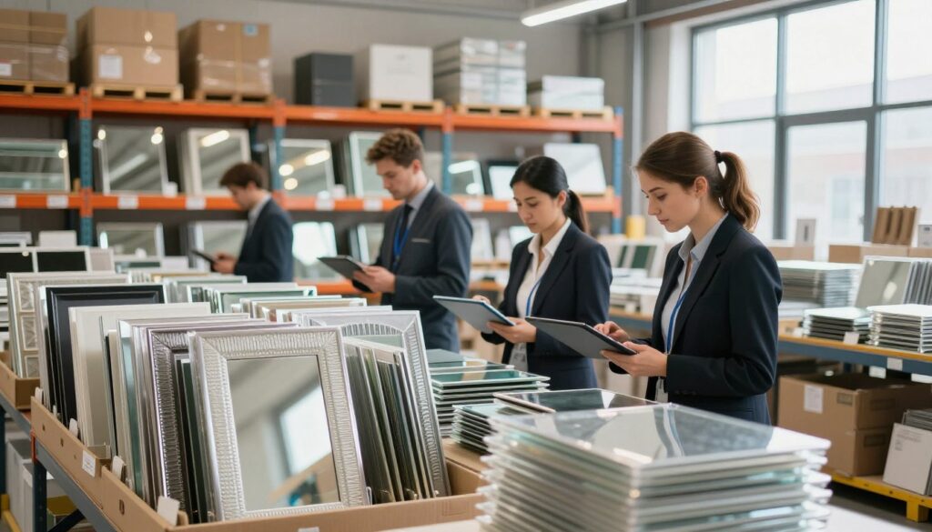 A busy warehouse interior focused on the process of order fulfillment and delivery, showcasing a modern and efficient environment. In the foreground, neatly packaged decorative mirrors, including sandblasted designs, display their intricate textures and artistic flair. The middle ground features attentive logistics staff in professional business attire, organizing and double-checking orders with digital tablets. In the background, large shelves filled with various glass and mirror products, illuminated by warm, ambient lighting to create a welcoming atmosphere. Natural light streams in through large windows, adding a hint of brightness to the scene. The mood conveys professionalism and efficiency, highlighting the smooth operation of the order process and timely delivery service across Poland. A busy warehouse interior focused on the process of order fulfillment and delivery, showcasing a modern and efficient environment. In the foreground, neatly packaged decorative mirrors, including sandblasted designs, display their intricate textures and artistic flair. The middle ground features attentive logistics staff in professional business attire, organizing and double-checking orders with digital tablets. In the background, large shelves filled with various glass and mirror products, illuminated by warm, ambient lighting to create a welcoming atmosphere. Natural light streams in through large windows, adding a hint of brightness to the scene. The mood conveys professionalism and efficiency, highlighting the smooth operation of the order process and timely delivery service across Poland.