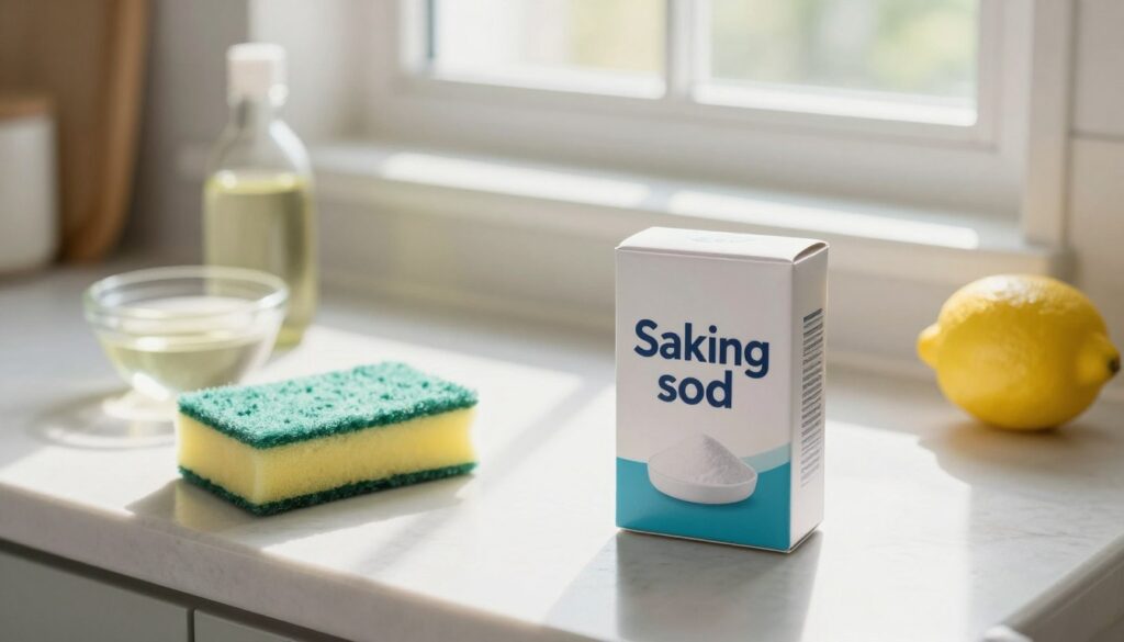 A clean and inviting kitchen countertop with a focus on a box of baking soda prominently displayed in the foreground. Surround the box with essential cleaning tools: a sponge, a small bowl of vinegar, and a lemon, reflecting natural cleaning methods. In the middle, soft, diffused sunlight streams through a nearby window, casting gentle shadows that enhance the textures of the surfaces. In the background, a glimpse of pristine white window frames can be seen, symbolizing cleanliness. The overall atmosphere is fresh and cozy, evoking a sense of home and cleanliness, perfect for illustrating effective domestic cleaning solutions without any clutter. The camera angle is slightly above eye level, creating an engaging depth to the scene.