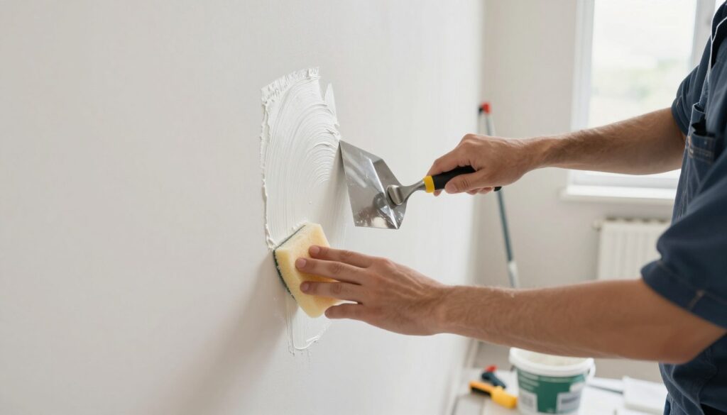A clean and well-lit interior space showcasing a professional applying finishing compound to a wall without sanding. In the foreground, focus on the person's hands, steadily smoothing the compound with a trowel, capturing the smooth, even texture. The individual is dressed in smart casual clothing to reflect professionalism. In the middle ground, display a partially finished wall, revealing both the technique of non-sanding application and areas where mistakes were made, accompanied by quick-fix tools such as a sponge and a small bucket of compound. The background features well-organized tools, emphasizing a clean work environment. Bright, natural lighting streams through a nearby window, creating a hopeful and efficient atmosphere, suggesting a practical approach to DIY home improvement. A clean and well-lit interior space showcasing a professional applying finishing compound to a wall without sanding. In the foreground, focus on the person's hands, steadily smoothing the compound with a trowel, capturing the smooth, even texture. The individual is dressed in smart casual clothing to reflect professionalism. In the middle ground, display a partially finished wall, revealing both the technique of non-sanding application and areas where mistakes were made, accompanied by quick-fix tools such as a sponge and a small bucket of compound. The background features well-organized tools, emphasizing a clean work environment. Bright, natural lighting streams through a nearby window, creating a hopeful and efficient atmosphere, suggesting a practical approach to DIY home improvement.
