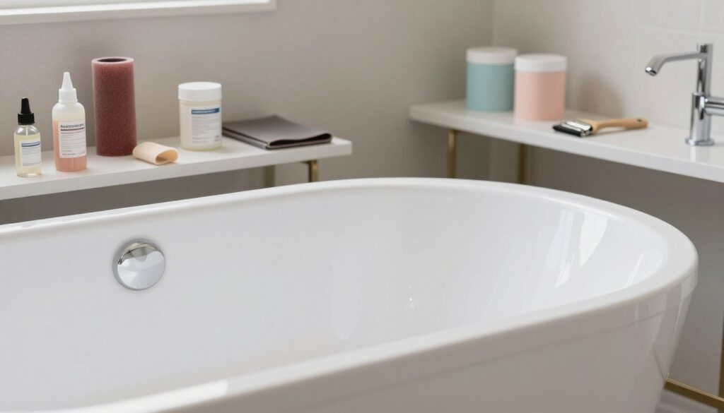A clean, well-lit bathroom featuring a recently refurbished acrylic bathtub, showcasing various methods of restoration. In the foreground, focus on a pristine white tub with a glossy finish, reflecting natural light. Display tools and materials for repair, such as epoxy resin, sanding paper, and a paint applicator, artfully arranged beside the tub. In the middle ground, include a neatly organized workstation with a few extra supplies, like acrylic paint cans in soft pastel colors. The background should feature neutral walls with subtle texture, and soft, ambient lighting that creates a calm and inviting atmosphere. The composition should evoke a sense of freshness and rejuvenation, emphasizing the effectiveness of restoring an acrylic bathtub depending on damage type.