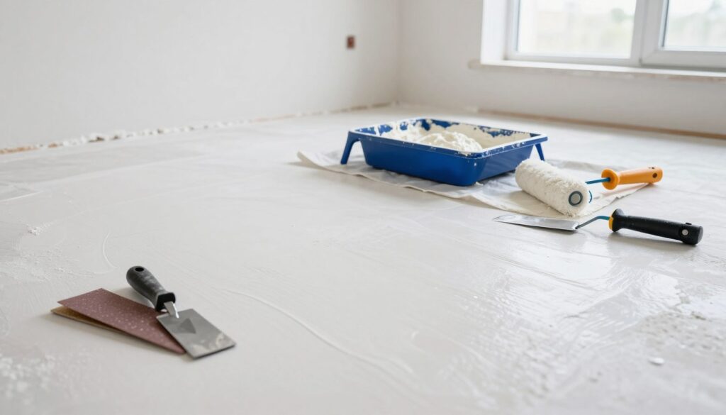 A clean, well-prepared surface ready for plastering, showcasing a smooth, dry, and primed wall. In the foreground, a pristine, white wall is highlighted with a slight sheen of a primer applied evenly. Tools like a putty knife and sandpaper are placed neatly nearby. In the middle section, a painter's tray with fresh white plaster sits on a protective drop cloth, and a roller brush is resting beside it, signaling readiness. In the background, a well-lit, airy room features large windows allowing natural light to flood in, enhancing the pristine atmosphere. The lighting is bright and inviting, creating a productive mood, while the overall composition conveys a sense of order and cleanliness, ideal for a professional renovation environment. A clean, well-prepared surface ready for plastering, showcasing a smooth, dry, and primed wall. In the foreground, a pristine, white wall is highlighted with a slight sheen of a primer applied evenly. Tools like a putty knife and sandpaper are placed neatly nearby. In the middle section, a painter's tray with fresh white plaster sits on a protective drop cloth, and a roller brush is resting beside it, signaling readiness. In the background, a well-lit, airy room features large windows allowing natural light to flood in, enhancing the pristine atmosphere. The lighting is bright and inviting, creating a productive mood, while the overall composition conveys a sense of order and cleanliness, ideal for a professional renovation environment.