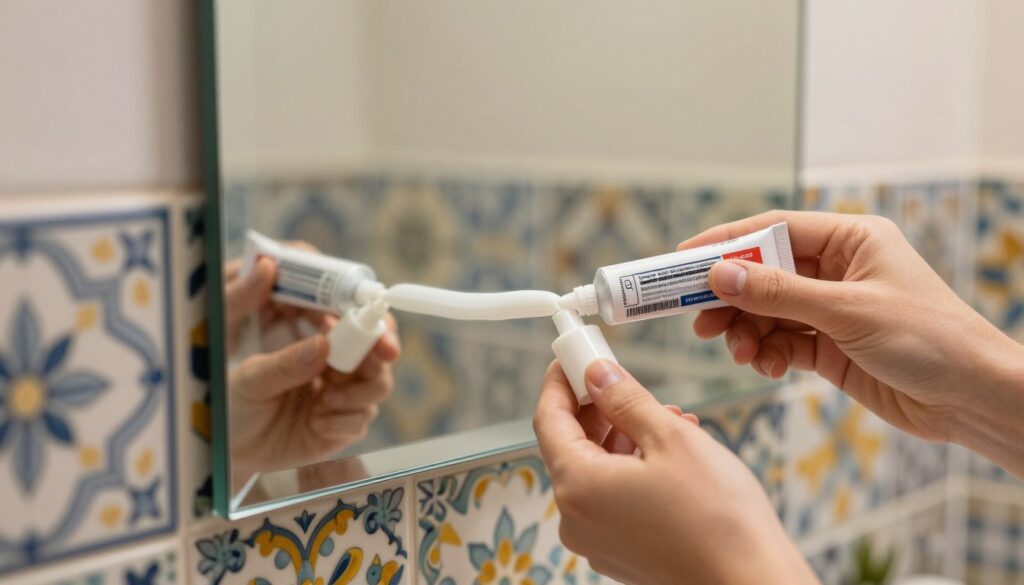 A close-up image of a mirror being mounted onto ceramic tiles, showcasing the mirror's sleek edges and reflective surface. The foreground features a pair of hands applying a tube of strong adhesive, ensuring precision in the application. In the middle ground, the mirror is positioned against colorful, patterned tiles, demonstrating a visually appealing design. The background shows a well-lit bathroom setting, with warm, soft lighting highlighting the adhesive's sheen. The scene captures a step-by-step instruction mood, evoking a sense of cleanliness and careful craftsmanship. The overall atmosphere is calm and professional, suitable for a DIY guide, emphasizing safety and attention to detail.