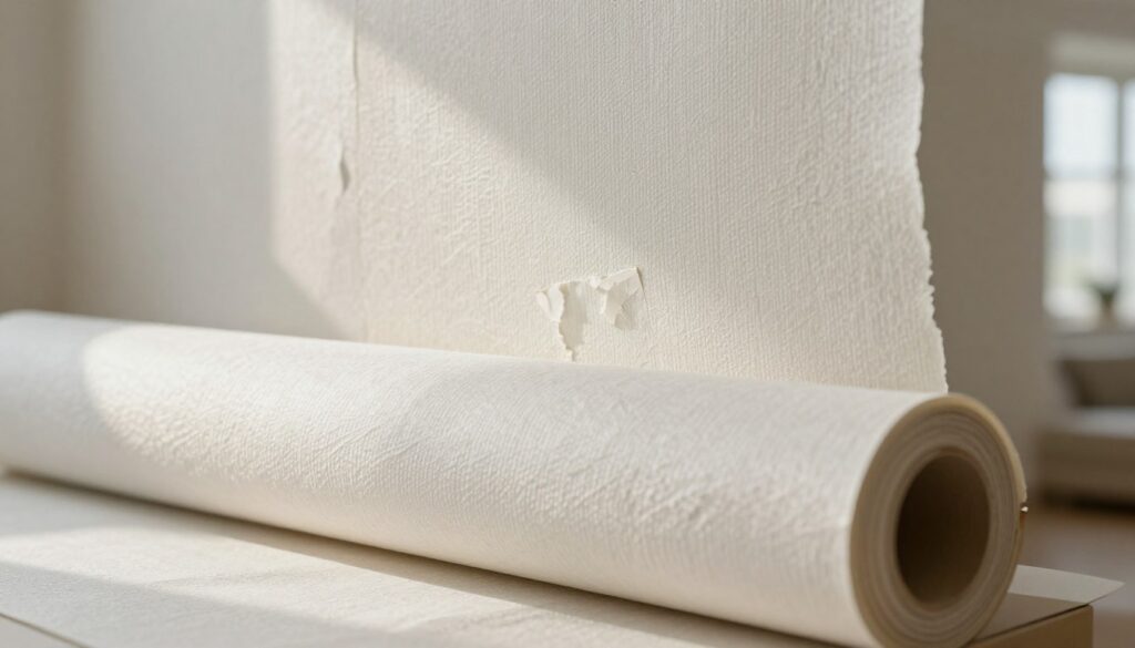 A close-up image showing the disadvantages and limitations of non-woven wallpaper, with a focus on its texture and quality. In the foreground, display a partially peeled wallpaper roll, revealing its inner layer, which highlights wear and tear. In the middle ground, feature a wall with visible seams and peeling edges, emphasizing the fading colors and slight bubbling. The background should be a softly lit interior room, creating a calm atmosphere, with muted colors to reflect the wallpaper theme. Natural light should cascade through a window, illuminating the texture, while shadows add depth. The overall mood should be informative yet reflective, ideal for discussing the challenges of non-woven wallpaper.