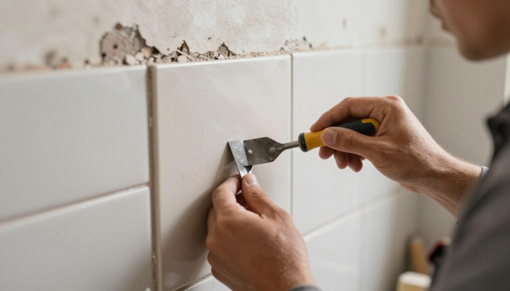 A close-up of a skilled tradesperson carefully removing a single ceramic tile from a wall, using specialized tools like a chisel and scraper. In the foreground, focus on the hands of the tradesperson, clad in modest work attire, expertly maneuvering the tools around the tile's edges. The middle ground showcases the partially removed tile with visible grout, while in the background, a partially tiled wall can be seen with neatly arranged tiles. The lighting is soft and natural, illuminating the scene with a warm, inviting glow while emphasizing the precision of the task. The atmosphere conveys a sense of craftsmanship and attention to detail in home improvement.
