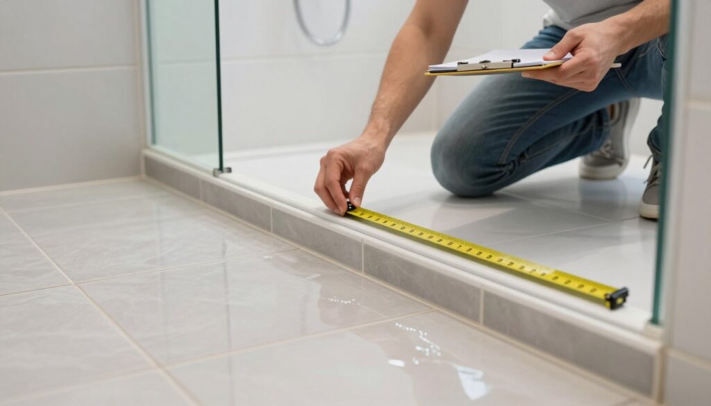 A close-up of a tiled shower floor, vividly illustrating common mistakes in creating a proper slope for drainage. The foreground features a section of poorly installed tiles with visible water pooling and uneven surfaces. In the middle ground, a person in modest casual clothing is kneeling down with a notepad and measuring tape, demonstrating careful measurement. The background should showcase a sleek, modern bathroom with bright, natural lighting highlighting the tiles and accents, emphasizing clarity and cleanliness. The atmosphere is professional and instructional, designed to educate viewers on the importance of proper shower drainage design, with no text or any distractions.