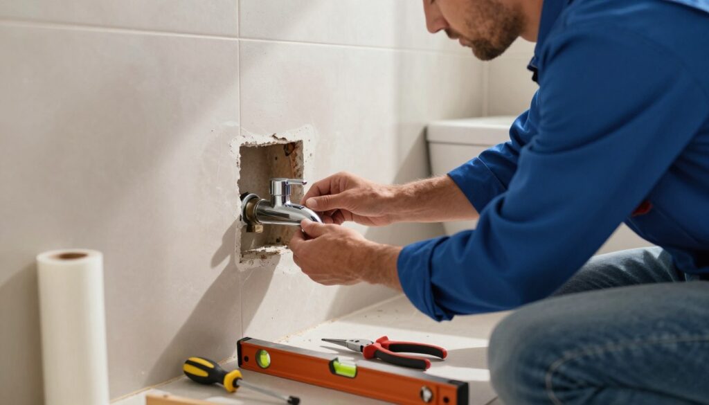 A close-up scene of a professional plumber installing a concealed wall faucet (bateria podtynkowa) in a partially finished bathroom. The plumber, dressed in a blue work shirt and jeans, is focused on securing the faucet into position within the wall void. Tools like a screwdriver, pliers, and a level are carefully arranged in the foreground. Warm, natural light filters through an overhead window, casting soft shadows that enhance the subtleties of the room's unfinished drywall and plumbing. In the background, partially installed tiles hint at the bathroom's design, while a roll of waterproof sealant and a manual on installation techniques subtly suggest an organized workspace. The atmosphere conveys meticulous professionalism and an emphasis on craftsmanship, showing detail-oriented steps in plumbing installation.
