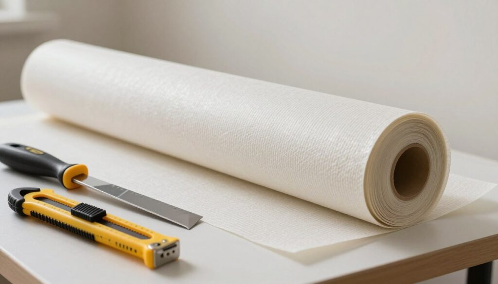A close-up shot of a roll of fiberglass wallpaper lying on a clean, organized workbench. In the foreground, tools such as a utility knife, measuring tape, and a smoothing tool are neatly arranged next to the wallcovering. In the middle ground, the texture of the fiberglass is detailed, showcasing its fibrous strands and flexible nature, emphasizing its strength and durability. The background features a well-prepared wall with a subtle sheen, indicating a primed surface ready for wallpaper application. Soft, natural lighting illuminates the scene, creating a calm and professional atmosphere ideal for home improvement. The angle is slightly above eye level, focusing on the tools and material to evoke a sense of preparation and readiness.