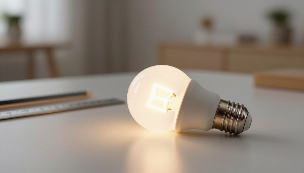 A close-up view of a G45 LED light bulb on a sleek modern surface, showcasing its distinct bulb shape. The foreground features the bulb itself, clearly highlighting the glowing filament and its warm light, surrounded by soft reflections. In the middle ground, a faint outline of measuring tools like a ruler and light meter hint at the section's focus on specifications, casting gentle shadows. The background consists of a softly blurred home interior or workspace setting, subtly illuminated by the light bulb. The atmosphere is warm and inviting, evoking a sense of comfort and practicality. Use soft focus and warm lighting to enhance the serene mood, creating an image that emphasizes the bulb's practical applications and light parameters. A close-up view of a G45 LED light bulb on a sleek modern surface, showcasing its distinct bulb shape. The foreground features the bulb itself, clearly highlighting the glowing filament and its warm light, surrounded by soft reflections. In the middle ground, a faint outline of measuring tools like a ruler and light meter hint at the section's focus on specifications, casting gentle shadows. The background consists of a softly blurred home interior or workspace setting, subtly illuminated by the light bulb. The atmosphere is warm and inviting, evoking a sense of comfort and practicality. Use soft focus and warm lighting to enhance the serene mood, creating an image that emphasizes the bulb's practical applications and light parameters.