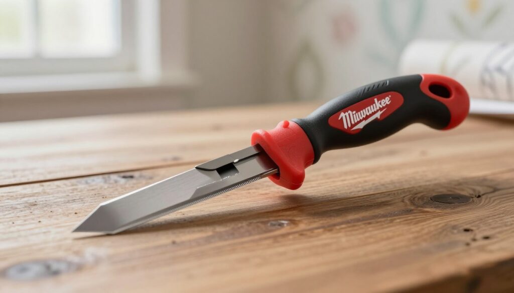 A close-up view of a Milwaukee wallpaper knife, showcasing its sleek design and ergonomic handle. The knife is positioned on a rustic wooden table, highlighting the fine details of its blade with a sharp edge and a precision tip ideal for cutting wallpaper. In the background, blurred wallpaper patterns in subtle tones provide context, emphasizing the tool's purpose. Soft, natural light streams from a nearby window, creating gentle reflections on the blade and emphasizing the knife’s high-quality craftsmanship. The atmosphere is focused and professional, perfect for illustrating a discussion about selecting the right type of knife for wallpapering tasks, reflecting both functionality and aesthetics. No text or logos present in the image.
