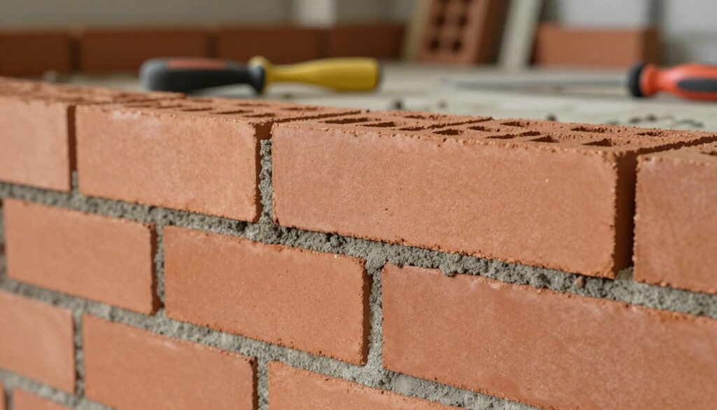 A close-up view of a beautifully laid clinker brick wall, showcasing rich textures and colors. In the foreground, focus on several cleanly finished joints filled with contrasting grout, demonstrating precise fuging techniques. The middle ground features an even spread of clinker bricks, highlighting their smooth surfaces and structural quality. Behind, a blurred background of construction tools and a partially completed brickwork project to add context. The scene is illuminated by soft, natural light, casting gentle shadows that enhance textures. Use a shallow depth of field to emphasize the foreground elements while keeping the backdrop slightly out of focus. The atmosphere is professional and focused, ideal for illustrating meticulous craftsmanship in brickwork. A close-up view of a beautifully laid clinker brick wall, showcasing rich textures and colors. In the foreground, focus on several cleanly finished joints filled with contrasting grout, demonstrating precise fuging techniques. The middle ground features an even spread of clinker bricks, highlighting their smooth surfaces and structural quality. Behind, a blurred background of construction tools and a partially completed brickwork project to add context. The scene is illuminated by soft, natural light, casting gentle shadows that enhance textures. Use a shallow depth of field to emphasize the foreground elements while keeping the backdrop slightly out of focus. The atmosphere is professional and focused, ideal for illustrating meticulous craftsmanship in brickwork.