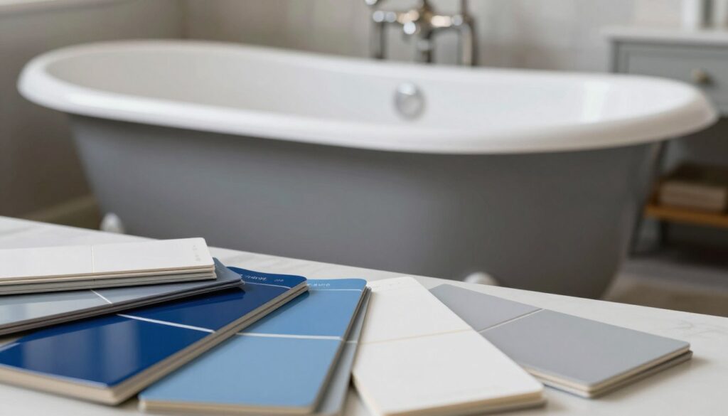 A close-up view of a beautifully renovated cast iron bathtub showcasing a selection of high-quality paint finishes. The foreground features vibrant paint samples arranged aesthetically, displaying a variety of rich colors, such as deep blues, soft whites, and elegant grays. In the middle ground, the bathtub gleams with a flawless coating, reflecting light and highlighting its smooth surface. The background hints at a cozy bathroom setting with soft ambient lighting, enhancing the serene atmosphere. The scene is well-composed, shot at eye level with a shallow depth of field to keep the focus on the bathtub and paint samples. Subtle shadows add depth, conveying a sense of authenticity and craftsmanship in the renovation process.