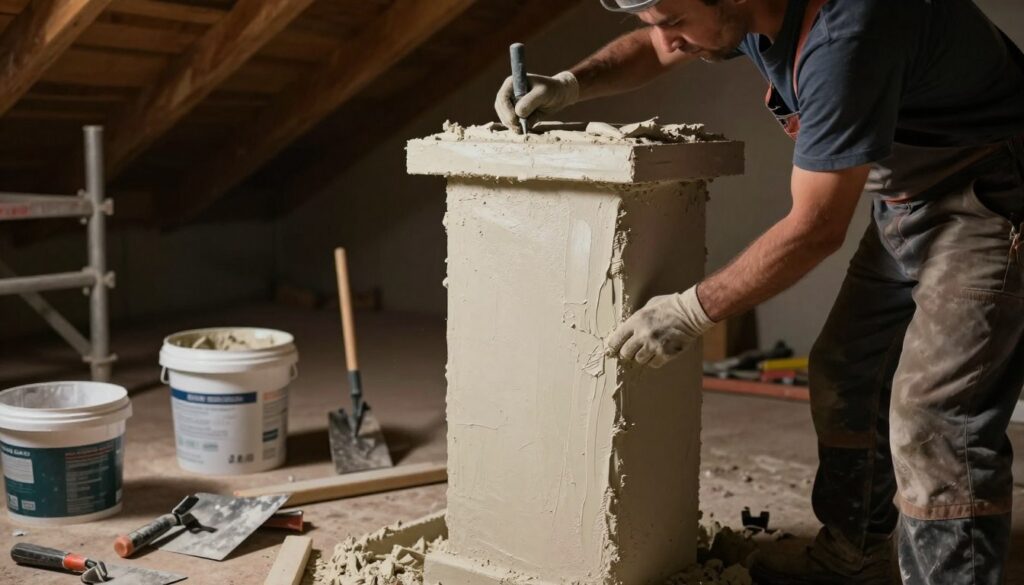 A close-up view of a construction worker in professional attire applying plaster to a chimney in a dimly lit attic space. The worker concentrates on the surface, demonstrating the common mistakes and issues in the plastering process, such as uneven layers and excessive moisture. Surround the worker with tools of the trade—trowels, buckets of plaster, and scaffolding materials—arranged in an organized manner on the dusty attic floor. Soft, warm lighting creates a focused yet somewhat melancholic atmosphere, highlighting the texture of the plaster and the rough, unfinished look of the chimney. In the background, the outline of the attic beams adds depth, with shadows contrasting the main subject while keeping the focus on the important aspects of chimney plastering.