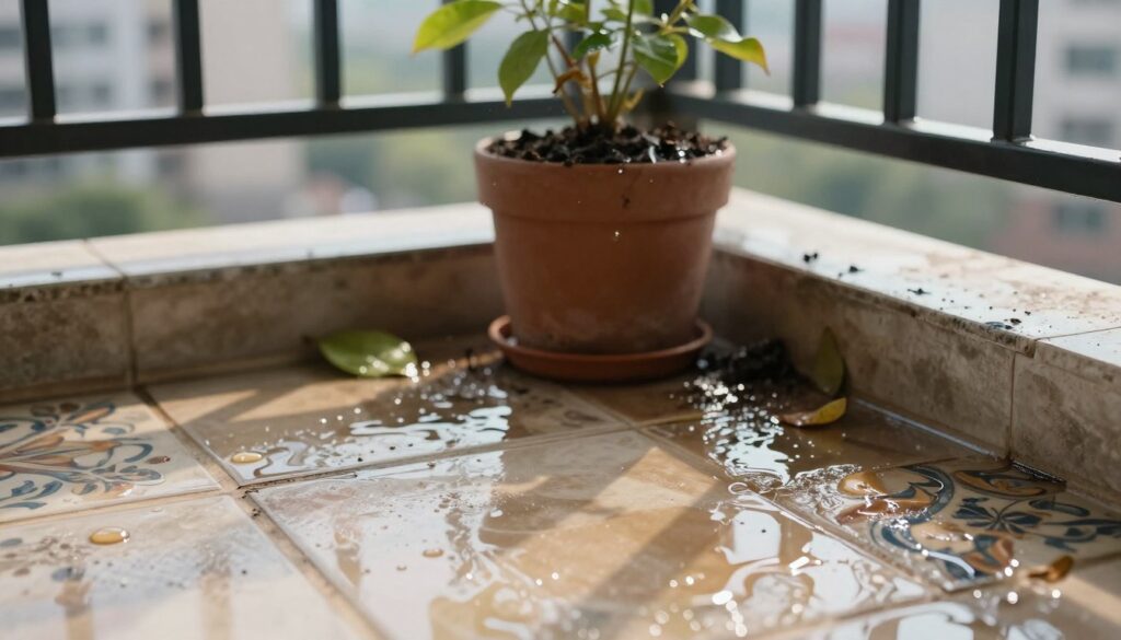 A close-up view of a damp balcony with visible water pooling around the edges, showcasing signs of water leakage. In the foreground, there are small puddles forming amidst decorative outdoor tiles, with water droplets glistening in the sunlight. In the middle ground, a potted plant's soil is saturated, hinting at excessive water exposure, and a few fallen leaves are scattered around. The background features a subtle cityscape, blurred slightly to draw attention to the balcony's detail. The scene is illuminated by soft, natural daylight casting gentle shadows, evoking a sense of calm yet alerting to the issue of water intrusion. Overall, it conveys a mood of urgency to address water management.