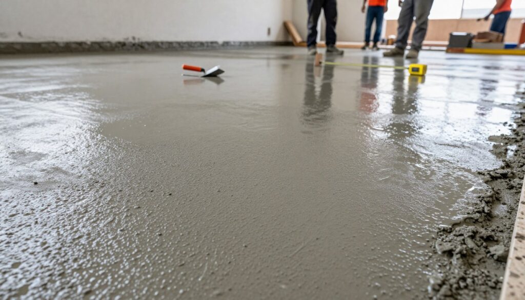 A close-up view of a freshly poured concrete surface, showcasing its texture and finish in the foreground. The middle ground features a partially completed epoxy resin flooring application with tools like a trowel and measuring tape. In the background, construction workers in professional attire examine the work area, ensuring quality and precision. The scene is set in a well-lit indoor environment, with soft overhead lighting to highlight the contrast between the rough concrete and the smooth epoxy surface. The atmosphere is professional and focused, emphasizing the meticulous preparation required for a durable, level flooring beneath epoxy resin. The image has a slightly elevated angle to capture both the details of the concrete and the workflow of the workers. A close-up view of a freshly poured concrete surface, showcasing its texture and finish in the foreground. The middle ground features a partially completed epoxy resin flooring application with tools like a trowel and measuring tape. In the background, construction workers in professional attire examine the work area, ensuring quality and precision. The scene is set in a well-lit indoor environment, with soft overhead lighting to highlight the contrast between the rough concrete and the smooth epoxy surface. The atmosphere is professional and focused, emphasizing the meticulous preparation required for a durable, level flooring beneath epoxy resin. The image has a slightly elevated angle to capture both the details of the concrete and the workflow of the workers.