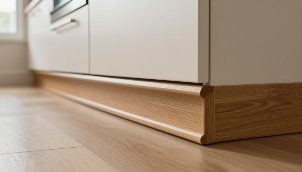 A close-up view of a kitchen baseboard, showcasing the height of the toe kick. The image should include a detailed wooden baseboard in a modern kitchen setting, focusing on the clean lines and proper installation techniques. The foregound features the smooth, textured surface of the baseboard, with slight reflections of light emphasizing the finish. In the background, a blurred kitchen scene includes cabinets and countertops, enhancing the context of installation. Soft, natural lighting filters through a nearby window, creating a warm and inviting atmosphere. The composition should be shot from a low angle, highlighting the height and design of the baseboard, and emphasizing its harmony with the overall kitchen decor.
