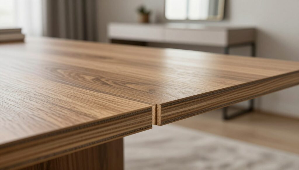 A close-up view of a laminated board, showcasing its rich textures and sleek finish, emphasized by a harmonious blend of oak artisan tones. The foreground features sharp focus on the edge with ABS edging, displaying precise craftsmanship and seamless joins. In the middle ground, integrate subtle reflections of soft natural lighting that highlights the quality and durability of the laminate material. The background is softly blurred, suggesting a modern bedroom setting with minimalistic decor, including a stylish vanity with a mirror, enhancing the atmosphere of elegance and functionality. The overall mood is serene and sophisticated, inviting viewers to appreciate the details and quality of materials used in contemporary furniture design.