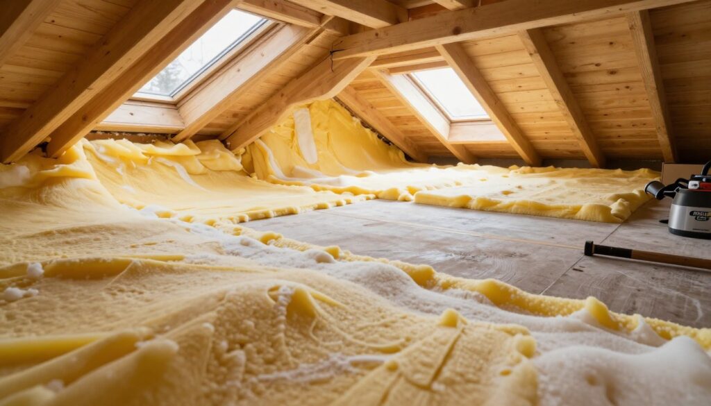 A close-up view of a modern attic space with freshly applied Pianka PUR (polyurethane foam) insulation, showcasing its vibrant yellow and white hues. In the foreground, the foam is seen expanding and adhering to the wooden beams and roof slopes, demonstrating its texture and consistency. The middle ground features layered insulation being applied, with a professional installer wearing protective gear, emphasizing a clean and workmanlike environment. The background reveals the skylights allowing natural light to flood through, illuminating the freshly insulated area. The scene captures a sense of efficiency and innovation in home insulation, with a warm atmosphere created by the interplay of light and shadow. The angle of the shot is slightly above eye level, offering a clear perspective on the technique and application of Pianka PUR, devoid of any text or distractions.