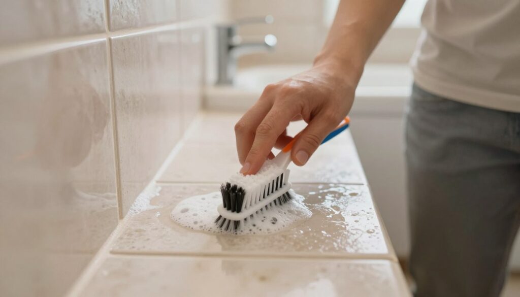 A close-up view of a person cleaning grouts between bathroom tiles, showcasing the texture and color contrast of the tiles and the grout. The person, dressed in modest casual clothing, is using a toothbrush and a cleaning solution. The focus is on the meticulous action of scrubbing, with bubbles visible in the cleaner. Soft, natural lighting illuminates the scene, creating a warm and inviting atmosphere. In the background, blurred tiles and bathroom fixtures provide context while maintaining focus on the cleaning process. The image captures a sense of diligence and care, perfect for illustrating the importance of grout cleaning while maintaining a clean aesthetic.