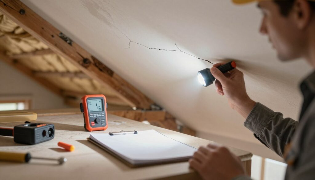 A close-up view of a professional analyzing drywall cracks on an attic ceiling. In the foreground, a person wearing smart casual attire is inspecting a subtle crack on a gypsum board, using a flashlight to illuminate the area. In the middle ground, various diagnostic tools like a moisture meter and a notepad are visible, showcasing a methodical approach to home repair. The background features the rustic beams and insulation of the attic, with soft, diffused lighting creating a focused atmosphere on the inspection area. The mood conveys professionalism and attention to detail, suggesting thoroughness in identifying the causes of drywall cracking before any repair work begins.