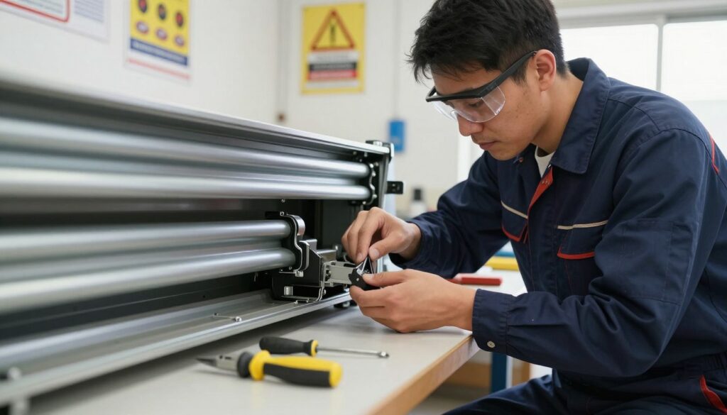 A close-up view of a professional technician carefully inspecting and removing a roller shutter casing. The technician, dressed in a navy blue work uniform and safety goggles, is focused on the intricate mechanisms inside the casing. In the foreground, tools such as a screwdriver and pliers are neatly organized on a workbench. The middle ground features a partially opened roller shutter with various components visible, showcasing the complexity of the mechanism. The background consists of a bright, well-lit workshop with safety posters on the walls. The atmosphere conveys a sense of caution and precision, highlighting the importance of careful handling to avoid damage. Soft, natural lighting from a nearby window enhances the detail of the scene.