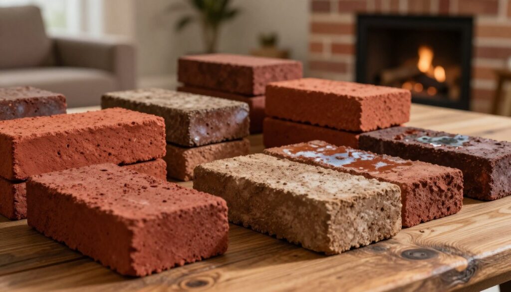 A close-up view of a selection of clinker bricks arranged aesthetically on a rustic wooden table, showcasing their varied textures and colors—deep reds, earthy browns, and subtle variations in glaze. In the foreground, the focus is on a few individual bricks, highlighting the intricate patterns and natural imperfections that enhance their durability. The middle section features a wider view of additional bricks artfully stacked, while the background fades into a warm, softly lit living room scene, hinting at a cozy fireplace built with similar bricks. The lighting is warm and inviting, casting gentle shadows that emphasize the craftsmanship of the bricks. The overall mood conveys sophistication and timeless style, perfect for an elegant living space. A close-up view of a selection of clinker bricks arranged aesthetically on a rustic wooden table, showcasing their varied textures and colors—deep reds, earthy browns, and subtle variations in glaze. In the foreground, the focus is on a few individual bricks, highlighting the intricate patterns and natural imperfections that enhance their durability. The middle section features a wider view of additional bricks artfully stacked, while the background fades into a warm, softly lit living room scene, hinting at a cozy fireplace built with similar bricks. The lighting is warm and inviting, casting gentle shadows that emphasize the craftsmanship of the bricks. The overall mood conveys sophistication and timeless style, perfect for an elegant living space.