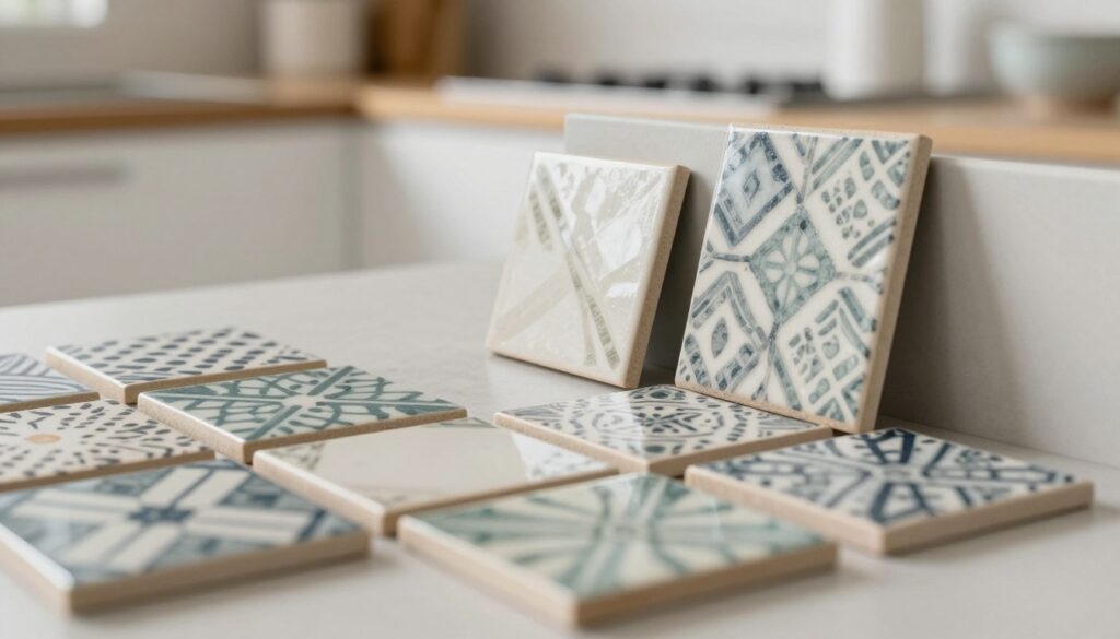 A close-up view of a selection of stylish ceramic tiles suitable for kitchen wall applications. The foreground features an assortment of tiles in various shapes and sizes, showcasing intricate patterns and textures, emphasizing both aesthetic appeal and practical qualities. In the middle ground, a few tiles are placed in a realistic arrangement against a neutral background, highlighting their technical attributes such as color durability and water resistance. The background is softly blurred to keep focus on the tiles, with gentle, natural lighting that enhances their colors. The atmosphere is modern and inviting, suggesting a contemporary kitchen environment, perfect for illustrative purposes. A close-up view of a selection of stylish ceramic tiles suitable for kitchen wall applications. The foreground features an assortment of tiles in various shapes and sizes, showcasing intricate patterns and textures, emphasizing both aesthetic appeal and practical qualities. In the middle ground, a few tiles are placed in a realistic arrangement against a neutral background, highlighting their technical attributes such as color durability and water resistance. The background is softly blurred to keep focus on the tiles, with gentle, natural lighting that enhances their colors. The atmosphere is modern and inviting, suggesting a contemporary kitchen environment, perfect for illustrative purposes.