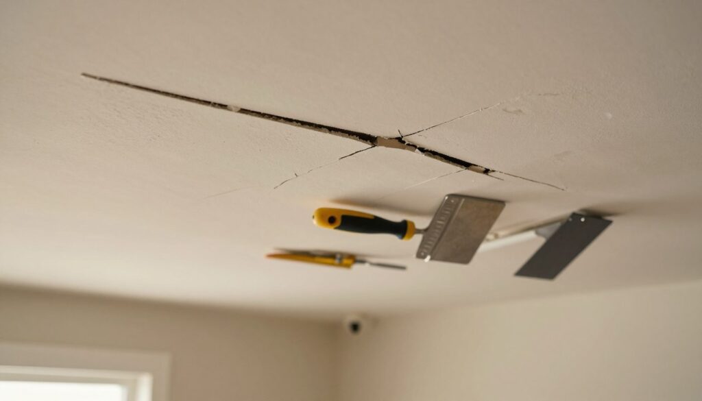 A close-up view of a suspended ceiling with noticeable cracks, demonstrating various stages of damage and repair. In the foreground, focus on one prominent crack, highlighting texture and detail like peeling paint and irregular edges. The middle layer shows tools like a putty knife, joint compound, and smoothing trowel arranged neatly, suggesting a DIY repair process. The background features a softly lit room with an unobtrusive view of walls and a light fixture, creating a calm and organized atmosphere. Use warm, diffused lighting to enhance the mood of home improvement, capturing a sense of diligence and practicality in the scene. The angle should be slightly tilted to emphasize the cracks while keeping the tools prominent for a narrative touch. A close-up view of a suspended ceiling with noticeable cracks, demonstrating various stages of damage and repair. In the foreground, focus on one prominent crack, highlighting texture and detail like peeling paint and irregular edges. The middle layer shows tools like a putty knife, joint compound, and smoothing trowel arranged neatly, suggesting a DIY repair process. The background features a softly lit room with an unobtrusive view of walls and a light fixture, creating a calm and organized atmosphere. Use warm, diffused lighting to enhance the mood of home improvement, capturing a sense of diligence and practicality in the scene. The angle should be slightly tilted to emphasize the cracks while keeping the tools prominent for a narrative touch.