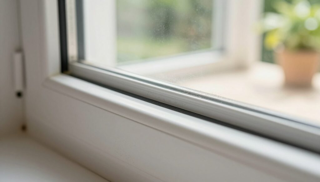 A close-up view of a white PVC window frame with slight dirt and grime, highlighting the textures and imperfections. In the foreground, focus on the detailed surface of the frame showing smudges, dust particles, and spots that commonly accumulate. The middle ground features a sunlit room, with soft, diffused natural light illuminating the window, creating a warm and inviting atmosphere. In the background, a lush green garden is visible through the window, providing contrast to the clean room. The image should have a crisp, high-definition quality, showcasing the need for cleaning while highlighting the maintenance required for window frames. The overall mood should evoke a sense of care and attention to home maintenance.
