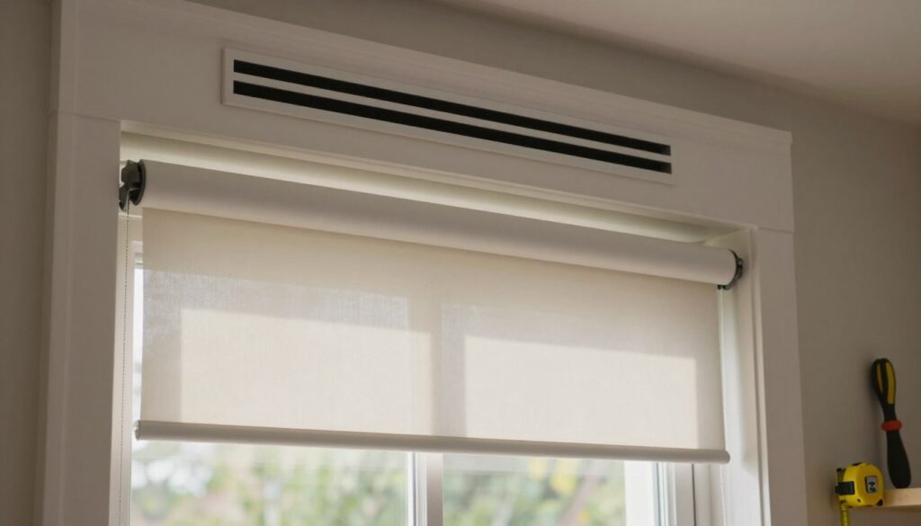 A close-up view of a window installation featuring a roller blind that accommodates an air vent. In the foreground, a neatly installed roller blind is partially rolled down, showing a smooth, modern fabric design. The middle ground displays an elegantly framed window with an air vent positioned at the top, allowing for airflow. Soft, natural light filters through the window, casting gentle shadows that enhance the texture of the fabric. In the background, hints of a cozy interior space suggest a comfortable atmosphere. The image captures a step-by-step installation process, showcasing practical tools like a screwdriver and measuring tape, while maintaining a clean, organized workspace aesthetic. The overall mood is professional and instructional, ideal for illustrating the mounting procedure.