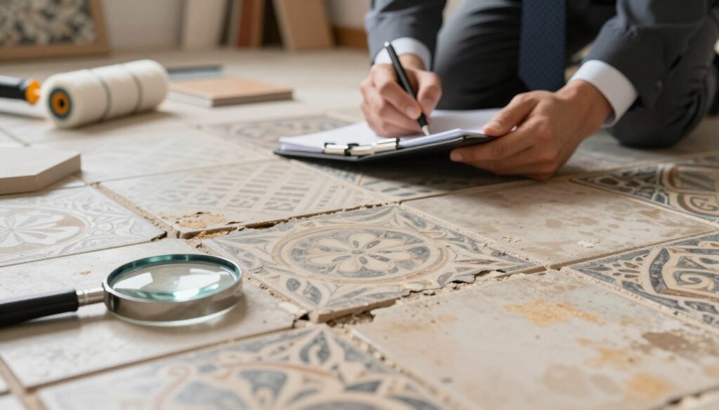 A close-up view of a worn-out tiled floor, focusing on the intricate patterns and textures of ceramic tiles showing signs of aging, cracks, and discoloration. The foreground features a partially examined tile with a magnifying glass nearby, emphasizing careful assessment. In the middle ground, a professional in business attire inspects the floor with a notepad and pen in hand, contemplating potential covering solutions. The background subtly depicts renovation tools like a roller, adhesive, and decorative flooring samples. The scene is well-lit with natural daylight filtering in, creating a warm and inviting atmosphere, highlighting the importance of preparation before covering tiles. Soft shadows add depth, creating a realistic and engaging composition.