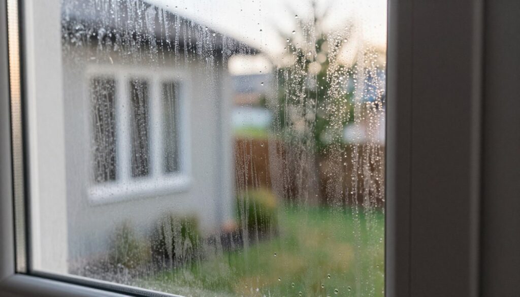 A close-up view of condensation forming on a window, highlighting moisture accumulation that symbolizes thermal bridges in a home setting. In the foreground, droplets of water glisten against the glass, with soft morning light illuminating the scene, creating a sense of warmth juxtaposed with the coolness of the moisture. The middle ground features a modern window frame with clear views of an energy-efficient home environment outside, suggesting proper insulation. In the background, greenery is slightly blurred, indicating an outdoor setting for contrast. The overall atmosphere conveys a mix of concern and awareness about the impact of thermal bridges on comfort and energy efficiency within a home. Soft, natural lighting enhances the mood of the scene. A close-up view of condensation forming on a window, highlighting moisture accumulation that symbolizes thermal bridges in a home setting. In the foreground, droplets of water glisten against the glass, with soft morning light illuminating the scene, creating a sense of warmth juxtaposed with the coolness of the moisture. The middle ground features a modern window frame with clear views of an energy-efficient home environment outside, suggesting proper insulation. In the background, greenery is slightly blurred, indicating an outdoor setting for contrast. The overall atmosphere conveys a mix of concern and awareness about the impact of thermal bridges on comfort and energy efficiency within a home. Soft, natural lighting enhances the mood of the scene.