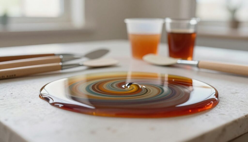A close-up view of epoxy and polyurethane resin in artistic swirls, showcasing the rich, glossy textures and vibrant colors. In the foreground, a smooth, glassy surface reflects the resin’s shimmering patterns. The middle ground features an assortment of resin mixing tools like spatulas and cups, elegantly arranged, while the background is softly blurred with a neutral, light color to keep the focus on the resin. Natural light from a nearby window creates soft highlights and shadows, giving the scene a warm, inviting atmosphere. The overall mood is one of creativity and craftsmanship, illustrating the process of selecting the right type of resin for old tiles. Capture this scene with a shallow depth of field for an intimate, detailed view.
