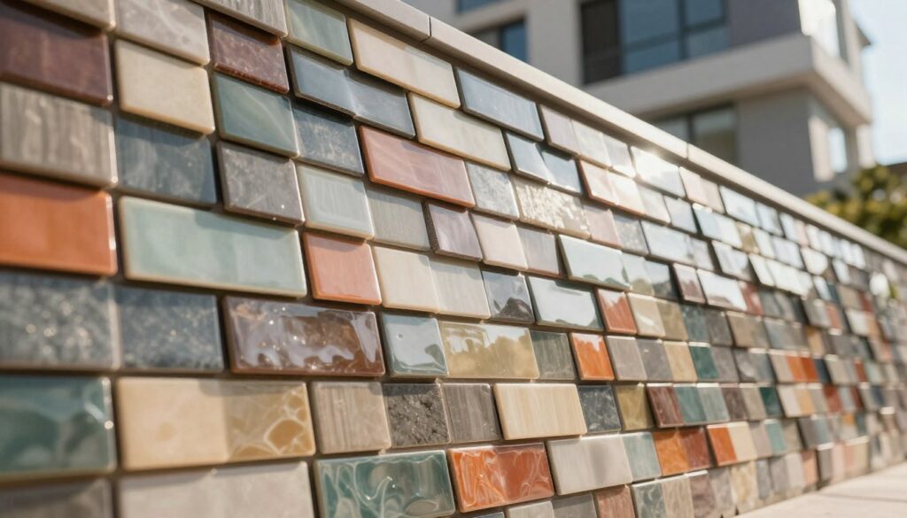 A close-up view of flexible synthetic resin tiles seamlessly applied to a curved wall surface, showcasing their unique texture and vibrant colors. The tiles should vary in shades, reflecting light with a glossy finish, emphasizing their durability and adaptability to uneven surfaces. The background features a contemporary building facade, set under natural sunlight that casts soft shadows, highlighting the contours of the wall. The mood is modern and innovative, suggesting strength against weather conditions. Use a wide-angle lens perspective to capture the flow of the tile design, ensuring no text or logos are present in the image.