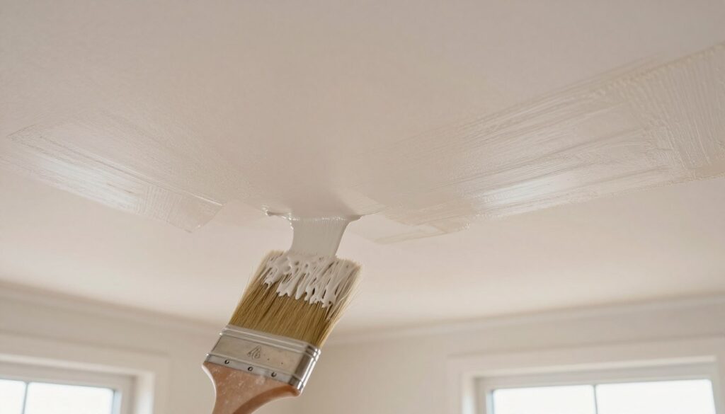 A close-up view of freshly painted ceiling layers in a soft, understated color, illustrating the concept of paint application techniques. In the foreground, show a brush with paint drips, emphasizing detailed brush strokes on the ceiling. In the middle ground, display visible layers of paint, highlighting variations in texture and sheen, with some areas still damp. The background should feature a well-lit room, with natural light streaming in from a window, creating a warm and inviting atmosphere. Use a slightly tilted angle to capture the ceiling depth and layers effectively. The scene conveys a sense of precision and care in painting, with a focus on smooth, even coverage. Ensure the space is tidy, reflecting a professional painting setup.