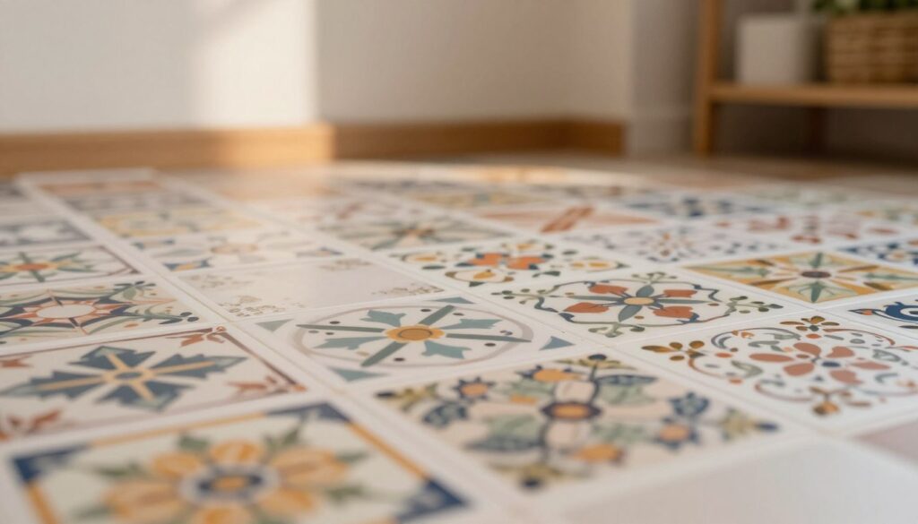 A close-up view of stylish floor tile stickers, with a variety of patterns and textures prominently displayed. The foreground features vibrant, intricate designs such as floral and geometric shapes, emphasizing their colorful and modern appeal. In the middle, a few partially applied stickers demonstrate the installation process, revealing the transformation of dull, old tiles into a fresh and lively surface. The background showcases a softly lit room with neutral-colored walls and wooden accents, creating a cozy atmosphere. The lighting should be warm and inviting, evoking a sense of home improvement and creativity. The camera angle captures the stickers at eye level for an immersive effect, highlighting their potential to enhance home decor.