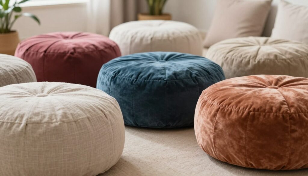 A close-up view of various meditative pouf covers displayed elegantly on a soft, neutral-toned surface. The foreground features detailed textures of cotton, linen, and velvet materials, showcasing their unique qualities: softness, durability, and resistance to wear. Each fabric is in a different vibrant color, enhancing their visual appeal. The middle ground captures the poufs in a serene, inviting setting, with gentle natural light illuminating their textures, suggesting comfort and tranquility. In the background, hints of a peaceful meditative space, such as plants and soft pillows, contribute to a calming atmosphere. The overall mood conveys relaxation and mindfulness, perfect for emphasizing the importance of material quality in meditation seating.