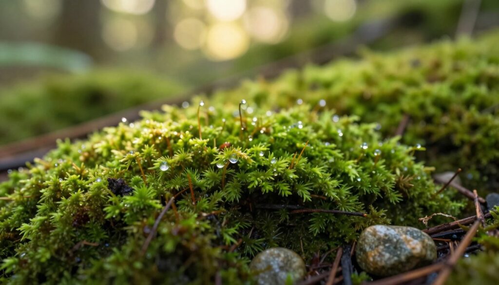 A close-up view of vibrant, lush moss in a natural setting, showcasing its rich green hues and delicate textures. In the foreground, droplets of water glisten on the moss, reflecting soft light that suggests a humid atmosphere. The middle ground features various shades of moss interspersed with small stones and twigs, enhancing the natural feel. In the background, a softly blurred forest scene with dappled sunlight filtering through leaves, creating a warm and inviting glow. The overall mood is tranquil and refreshing, conveying a sense of harmony with nature. The image should be captured with a shallow depth of field to emphasize the moss's intricate details and enhance the dreamy atmosphere. A close-up view of vibrant, lush moss in a natural setting, showcasing its rich green hues and delicate textures. In the foreground, droplets of water glisten on the moss, reflecting soft light that suggests a humid atmosphere. The middle ground features various shades of moss interspersed with small stones and twigs, enhancing the natural feel. In the background, a softly blurred forest scene with dappled sunlight filtering through leaves, creating a warm and inviting glow. The overall mood is tranquil and refreshing, conveying a sense of harmony with nature. The image should be captured with a shallow depth of field to emphasize the moss's intricate details and enhance the dreamy atmosphere.