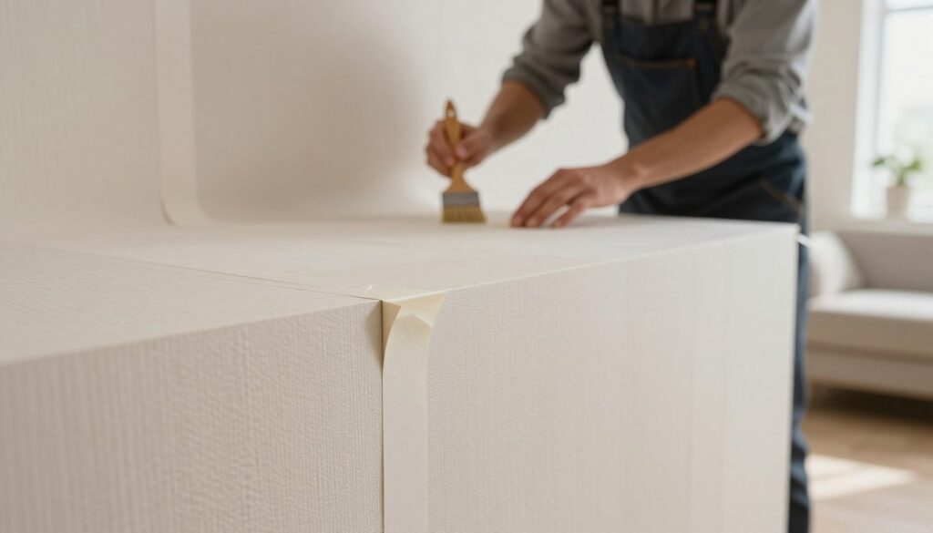 A close-up view of wallpaper seams on a beautifully installed wall, featuring various techniques like overlapping and double-cut joinery. In the foreground, focus on meticulously aligned edges of the wallpaper, displaying smooth transitions and precise cuts. The middle ground reveals a craftsman, dressed in smart casual attire, carefully applying paste with a brush, ensuring no air bubbles form beneath the paper. In the background, a well-lit, modern room with soft diffused lighting adds warmth to the scene, highlighting a subtle texture on the wallpaper, with color variations that emphasize depth. The atmosphere feels inviting and professional, showcasing the craftsmanship involved in wallpaper installation.